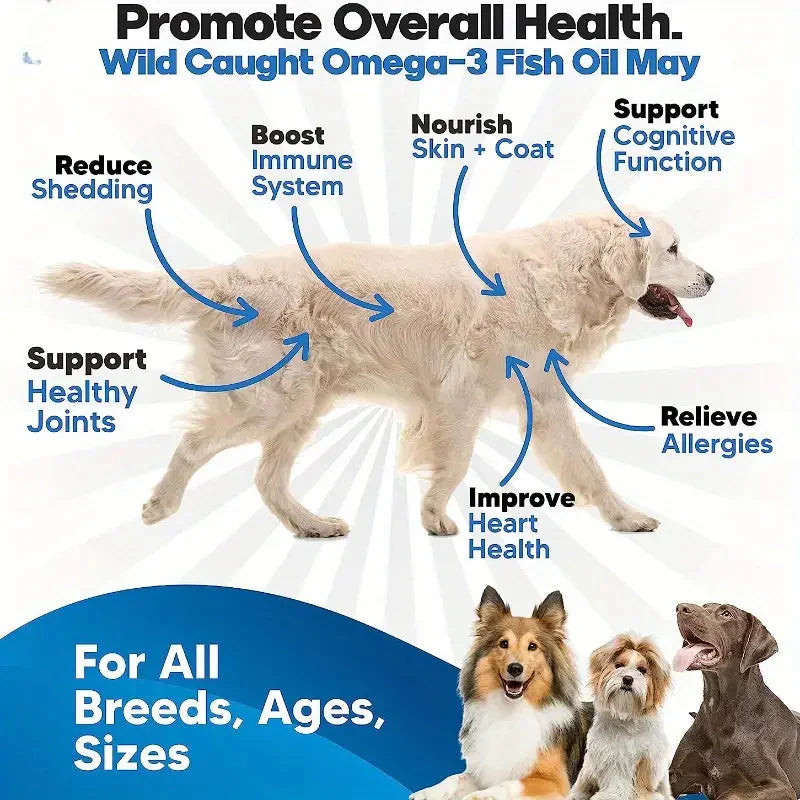 60pcs Dog Food Supplement Wild Salmon Fish Oil , Natural EPA & DHA Fatty Acids For Skin, Coat, Joints & Heart Petzymart