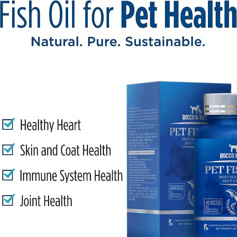 60pcs Dog Food Supplement Wild Salmon Fish Oil , Natural EPA & DHA Fatty Acids For Skin, Coat, Joints & Heart Petzymart