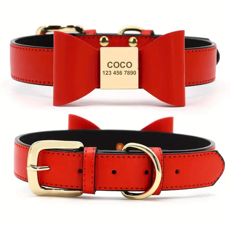 Personalized Dog Collar Customized Leather Pet Name Collar With Bowknot Petzymart