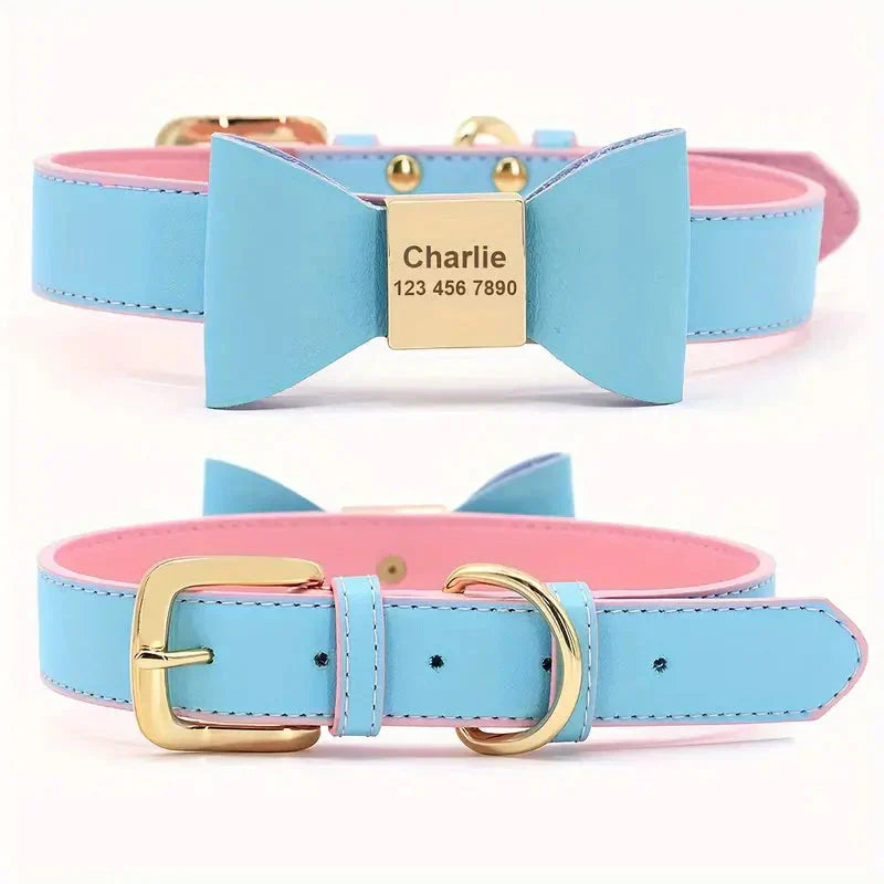 Personalized Dog Collar Customized Leather Pet Name Collar With Bowknot Petzymart