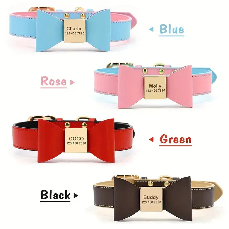Personalized Dog Collar Customized Leather Pet Name Collar With Bowknot Petzymart