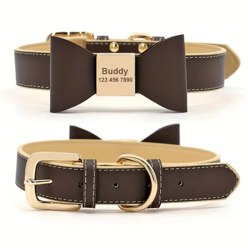 Personalized Dog Collar Customized Leather Pet Name Collar With Bowknot Petzymart