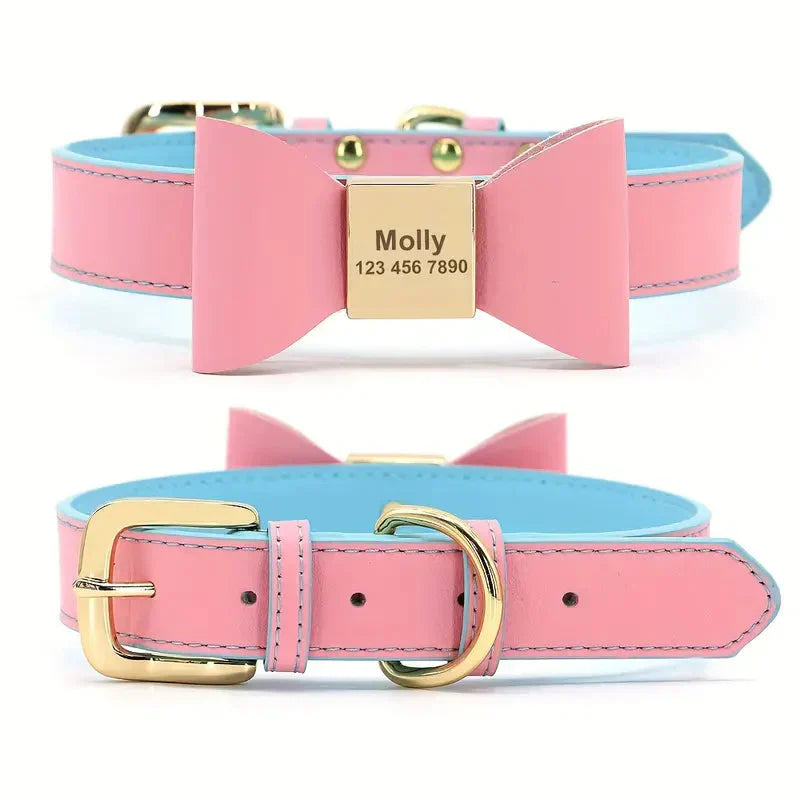 Personalized Dog Collar Customized Leather Pet Name Collar With Bowknot Petzymart