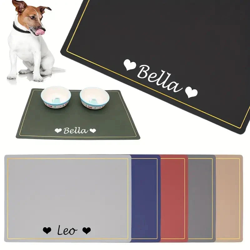 Personalized Dog Feeding Mat, Waterproof Anti-skid Leather Dog Food Mat, Custom Pet Name With Heart Petzymart