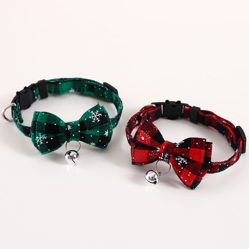 Pet Adjustable Anti-suffocation Double-layer Bow Snowflake Plaid Christmas Collar Cat Dog Bell Accessories Necklace Petzymart