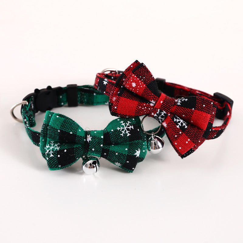 Pet Adjustable Anti-suffocation Double-layer Bow Snowflake Plaid Christmas Collar Cat Dog Bell Accessories Necklace Petzymart